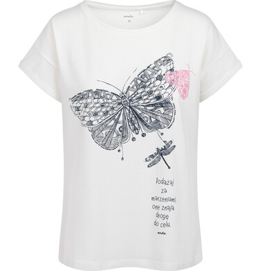 Damski t-shirt z krótkim rękawem, z motylem, biały Y17G030_1