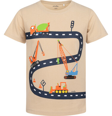 T-shirt z krótkim rękawem dla chłopca, z pojazdami budowlanymi, beżowy 3-8 lat C16G008_1