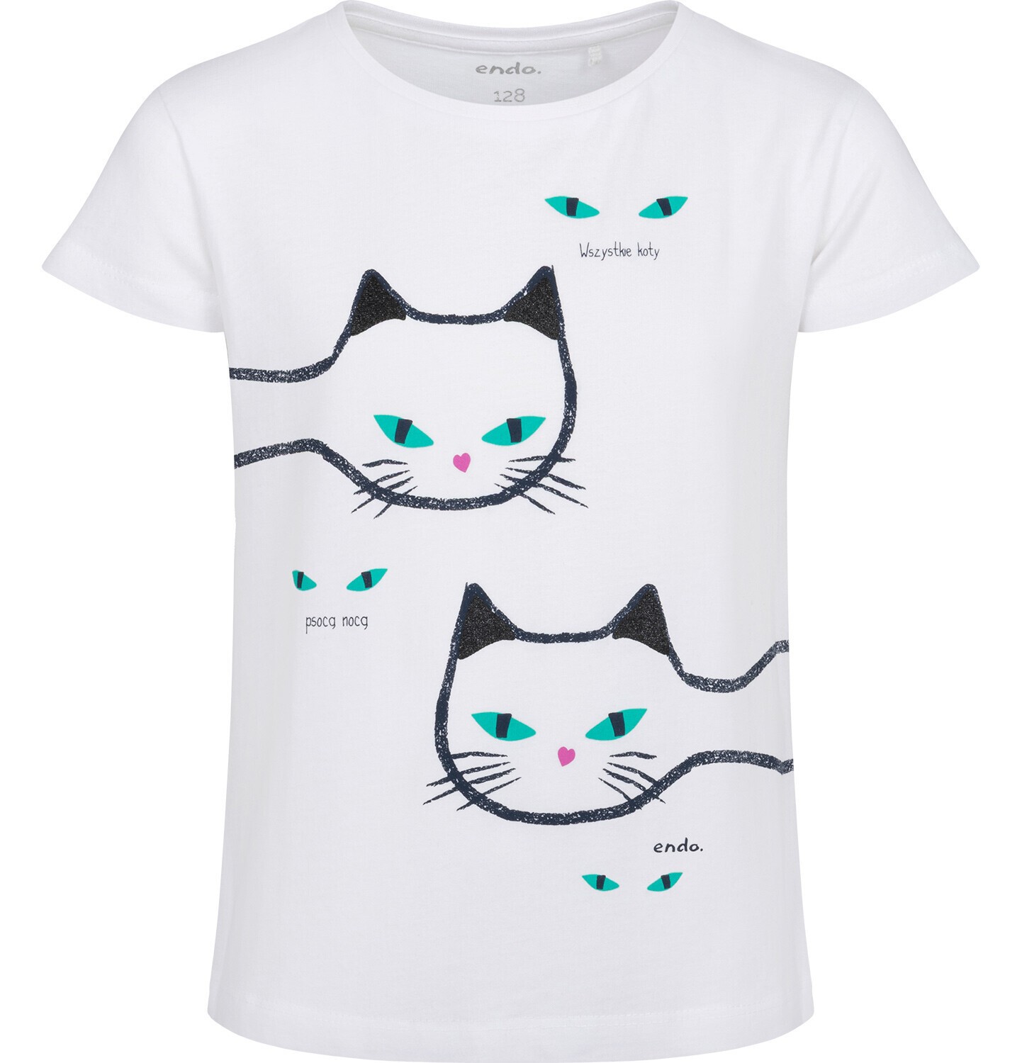 Endo - T-shirt z krótkim rękawem dla dziewczynki, z kotami, biały 3-8 lat D17G013_1