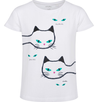 Endo - T-shirt z krótkim rękawem dla dziewczynki, z kotami, biały 3-8 lat D17G013_1,1