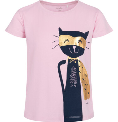T-shirt z krótkim rękawem dla dziewczynki, z kotem, różowy 3-8 lat D17G052_1