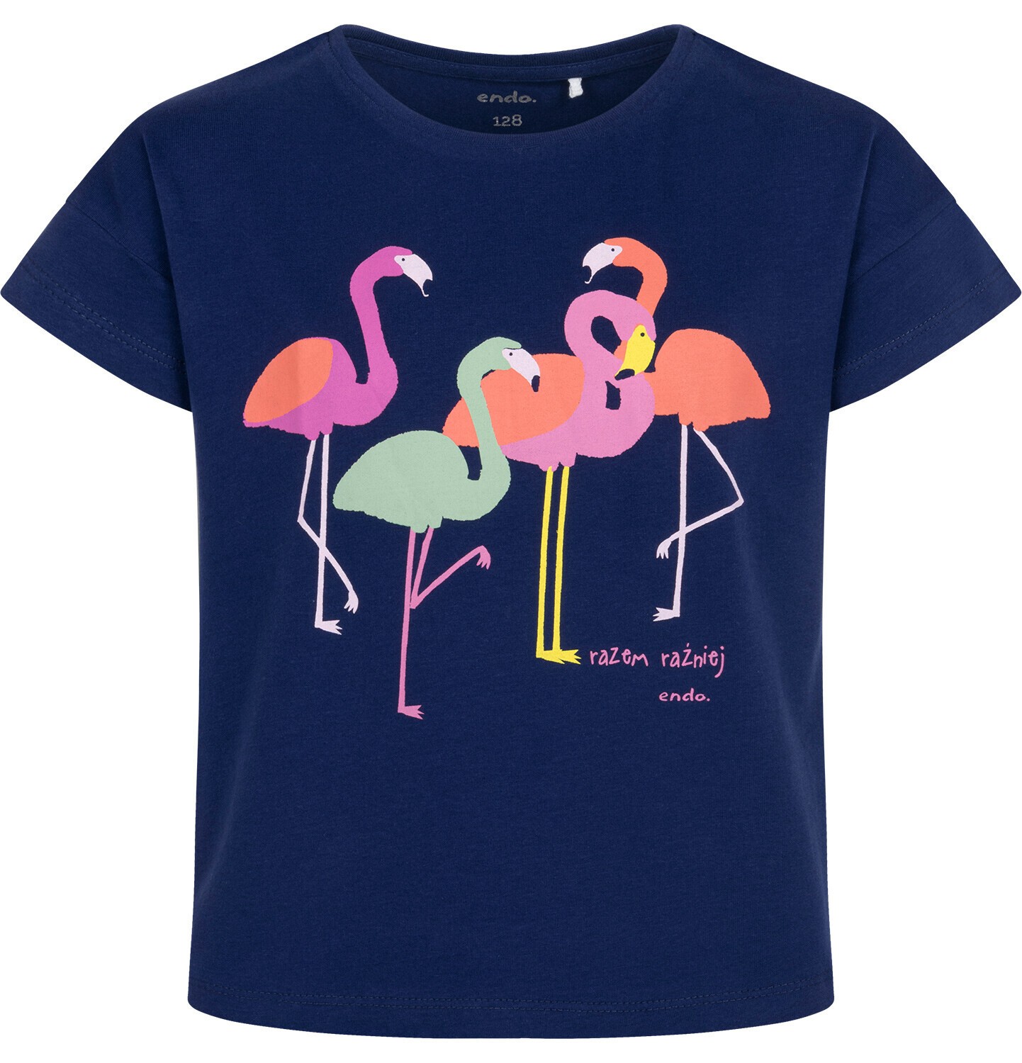 Endo - T-shirt z krótkim rękawem dla dziewczynki, z flamingami, granatowy 3-8 lat D17G061_1