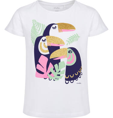 Endo - T-shirt z krótkim rękawem dla dziewczynki, z tukanami, biały 9-13 lat D17G556_1,1