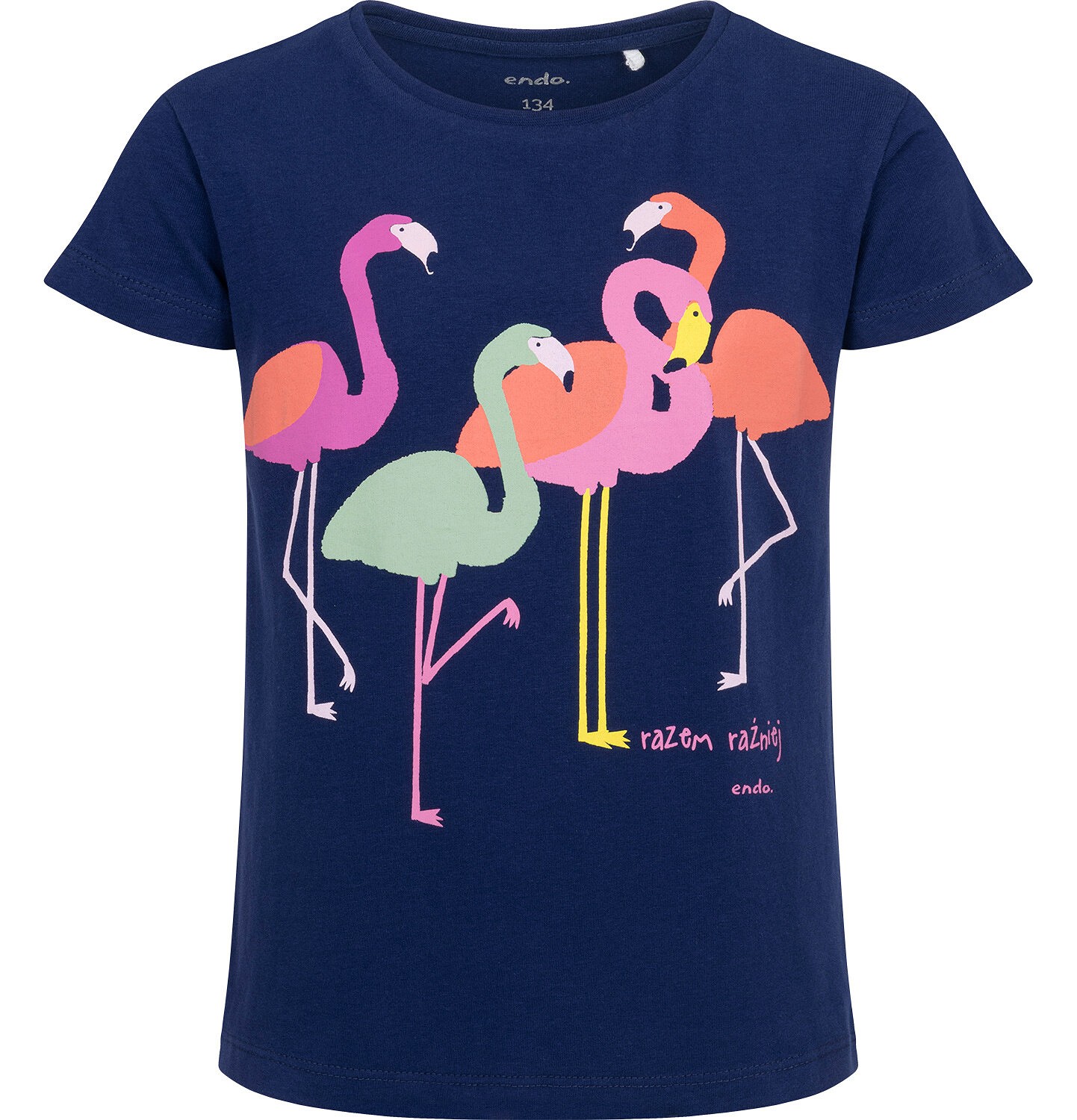 Endo - T-shirt z krótkim rękawem dla dziewczynki, z flamingami, granatowy 9-13 lat D17G561_1