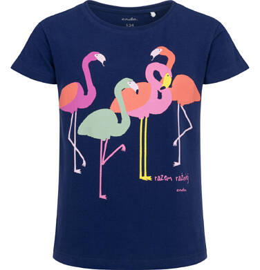 Endo - T-shirt z krótkim rękawem dla dziewczynki, z flamingami, granatowy 9-13 lat D17G561_1,1